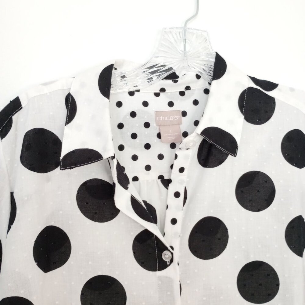 Chico's Black & White Polka Dot Cotton Swiss Dot Button Front Blouse Sz 1 - Picture 4 of 11